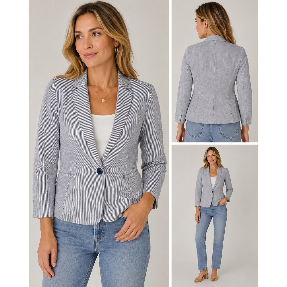 British Khaki Womens Navy White Seersucker Stripe Single Button Blazer Size M